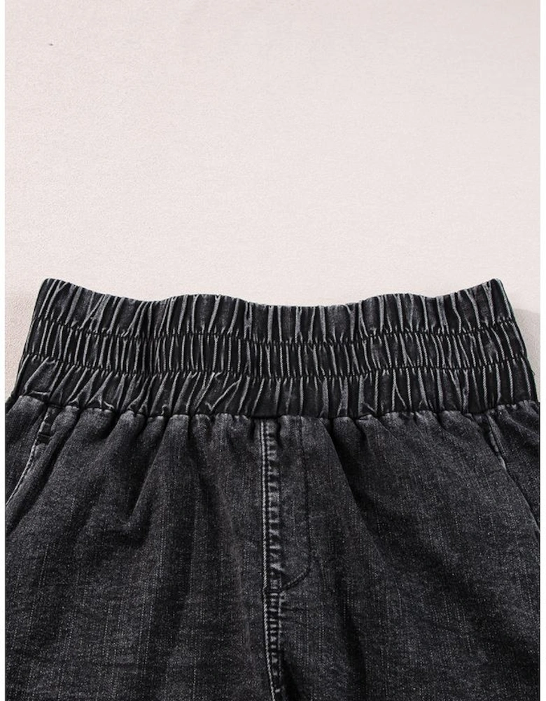 Black Smocked High Waist Mineral Washed Jean Shorts