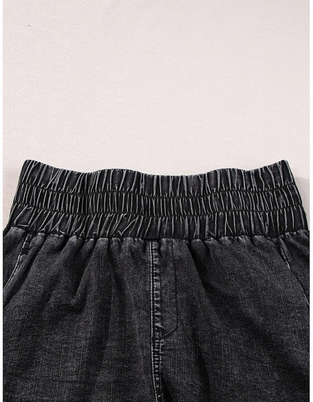 Black Smocked High Waist Mineral Washed Jean Shorts