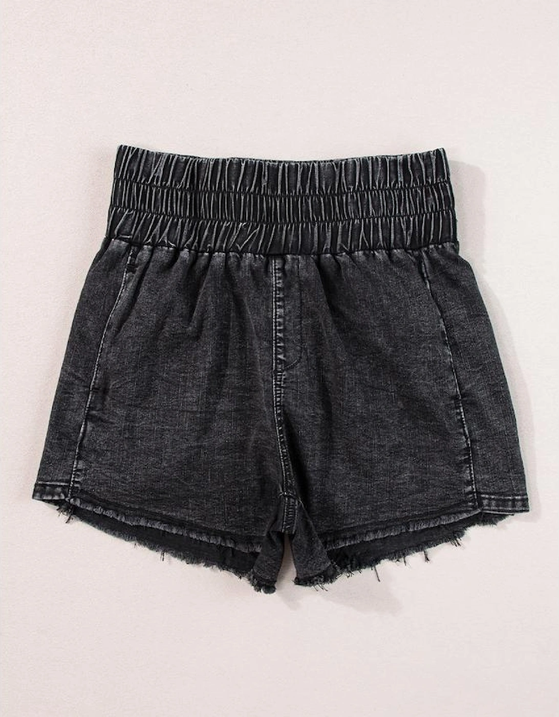 Black Smocked High Waist Mineral Washed Jean Shorts