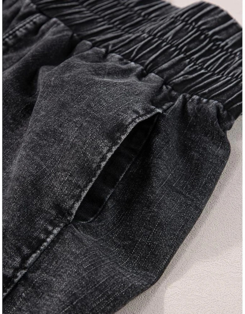 Black Smocked High Waist Mineral Washed Jean Shorts