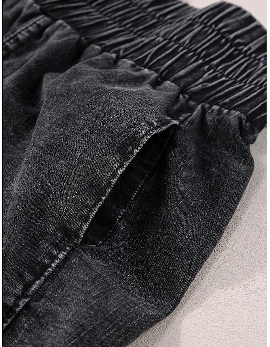 Black Smocked High Waist Mineral Washed Jean Shorts