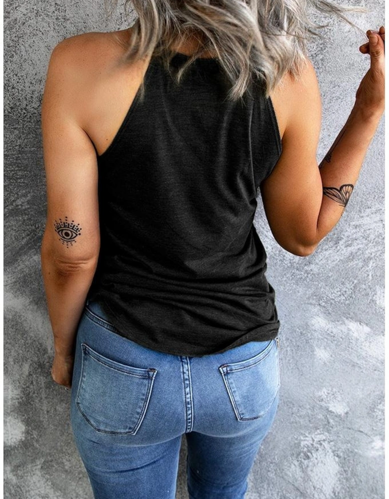 Black Sequin Flower Slim Fit Crewneck Tank Top