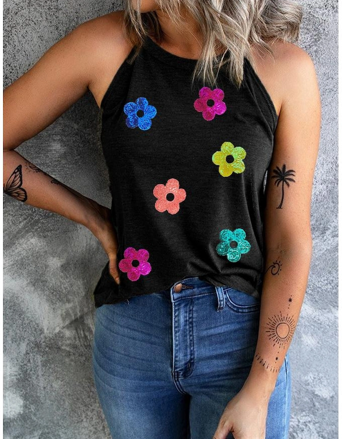 Black Sequin Flower Slim Fit Crewneck Tank Top, 5 of 4