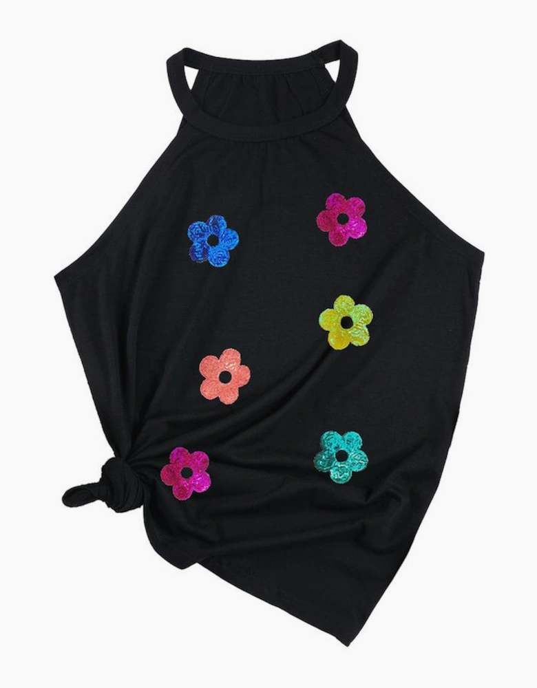 Black Sequin Flower Slim Fit Crewneck Tank Top