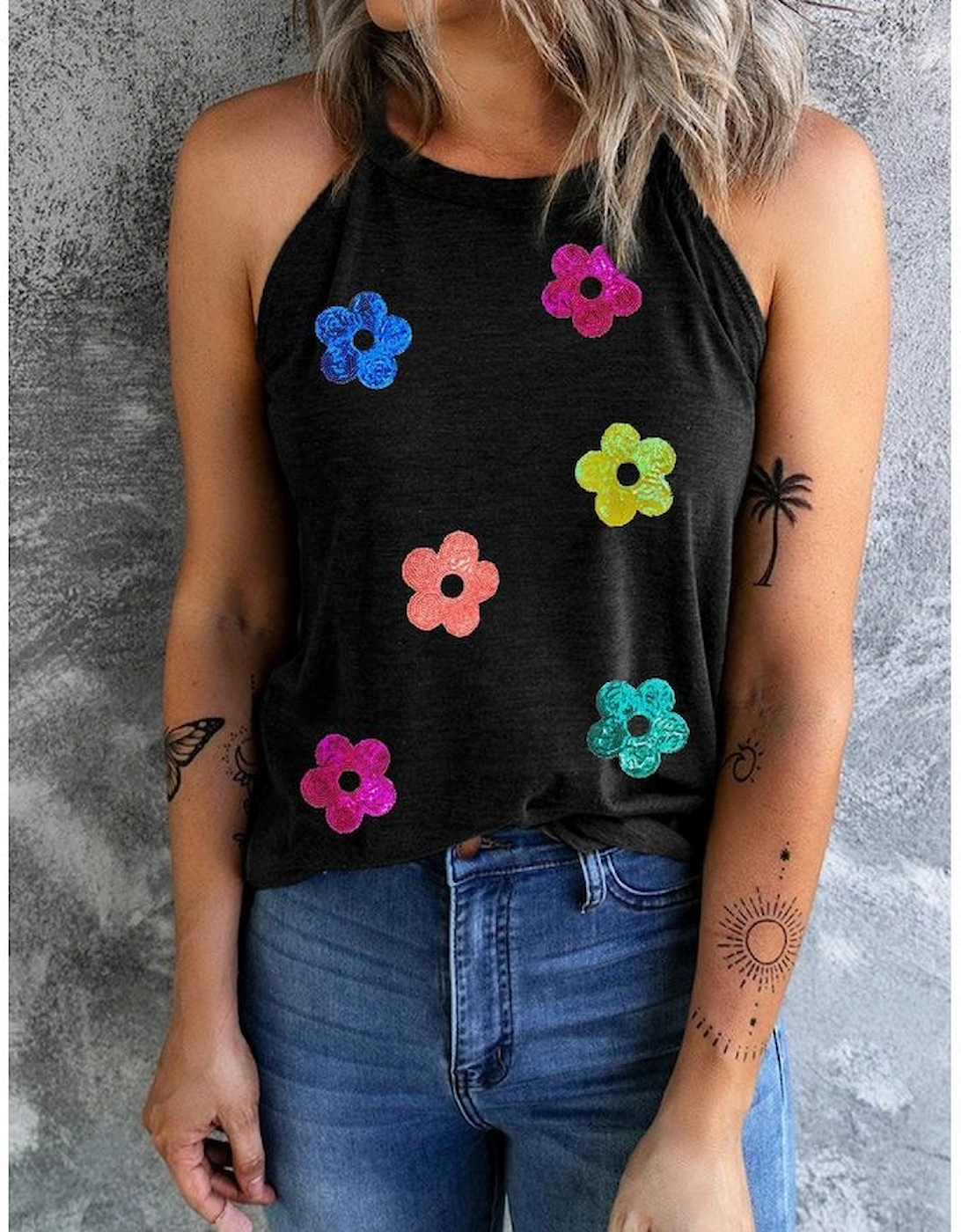 Black Sequin Flower Slim Fit Crewneck Tank Top