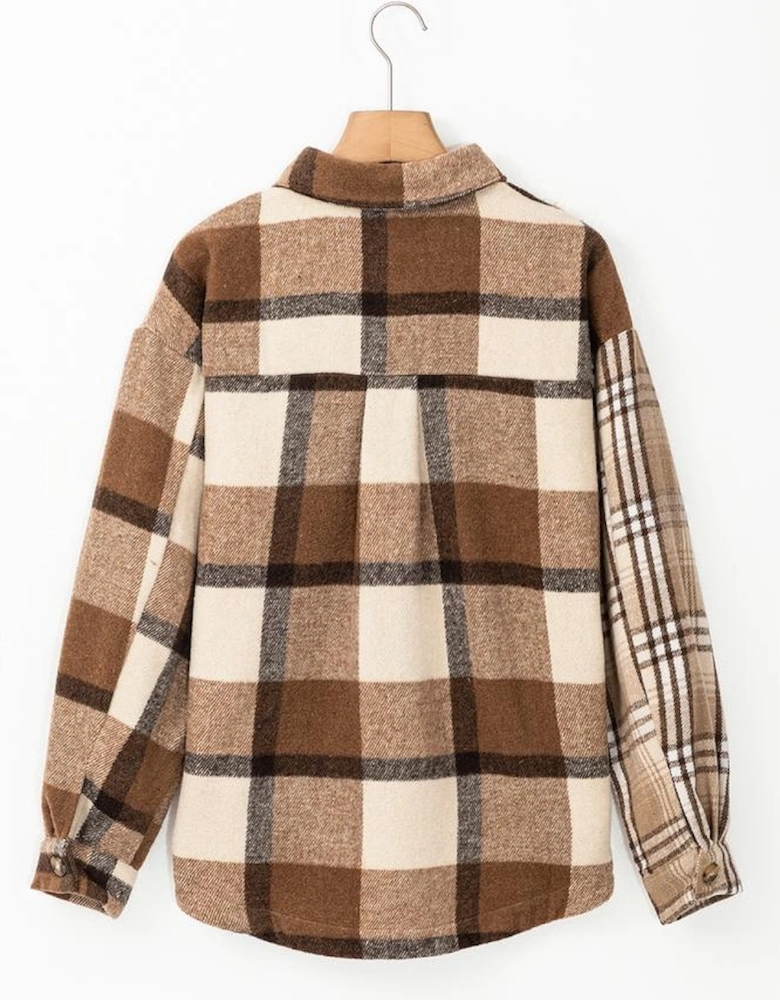 Light French Beige Flannel Plaid Double Flap Pocket Shacket