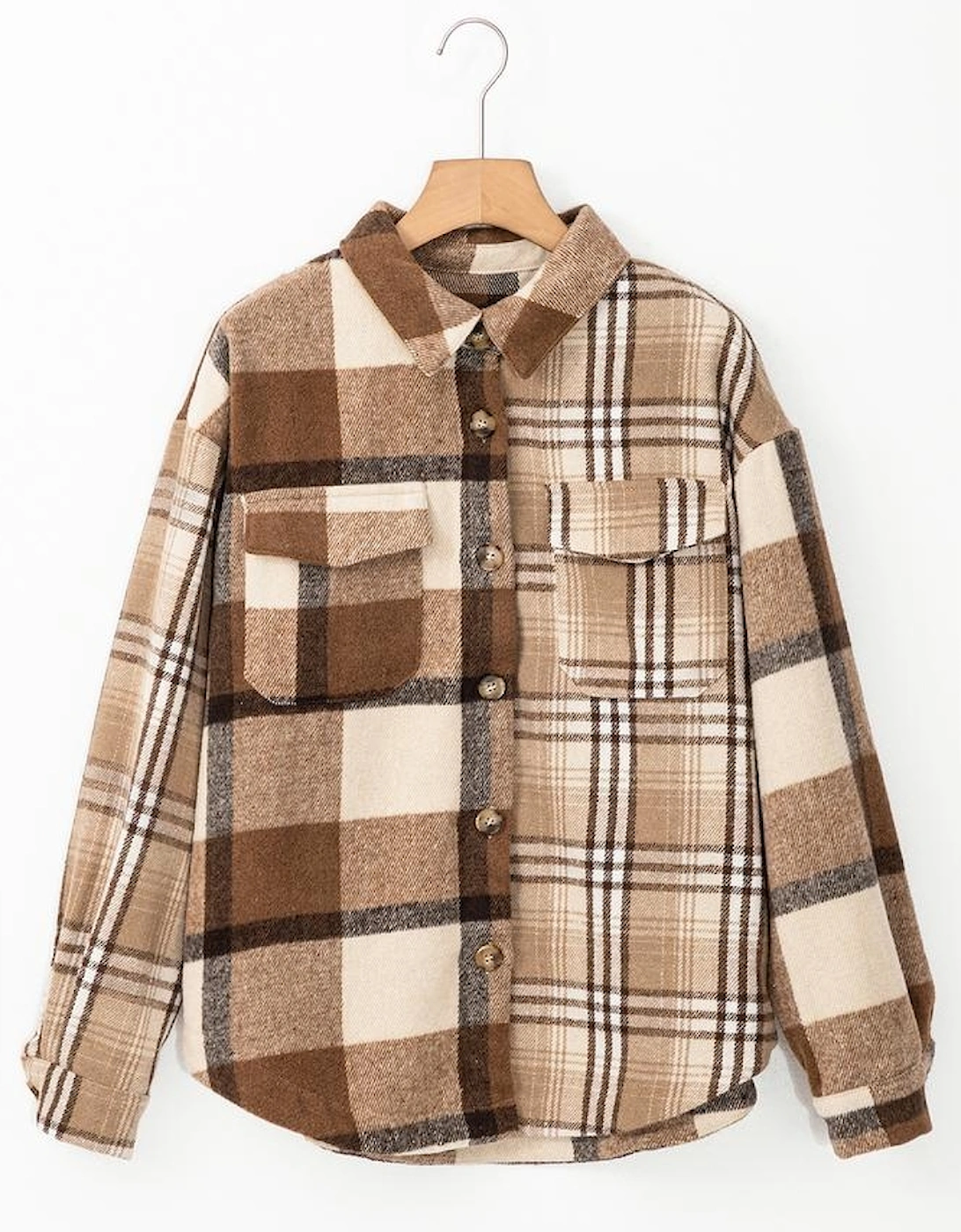 Light French Beige Flannel Plaid Double Flap Pocket Shacket, 14 of 13