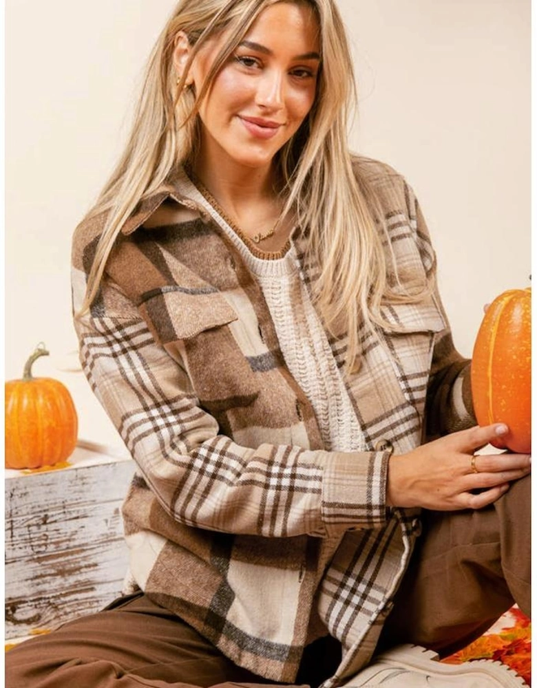 Light French Beige Flannel Plaid Double Flap Pocket Shacket