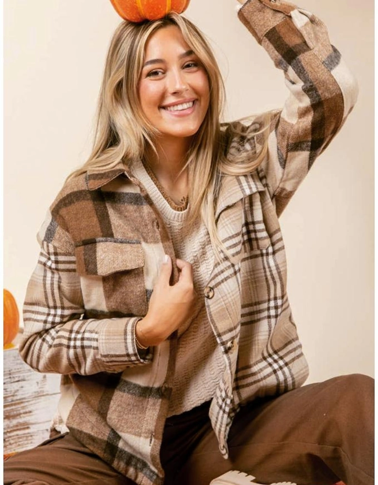 Light French Beige Flannel Plaid Double Flap Pocket Shacket