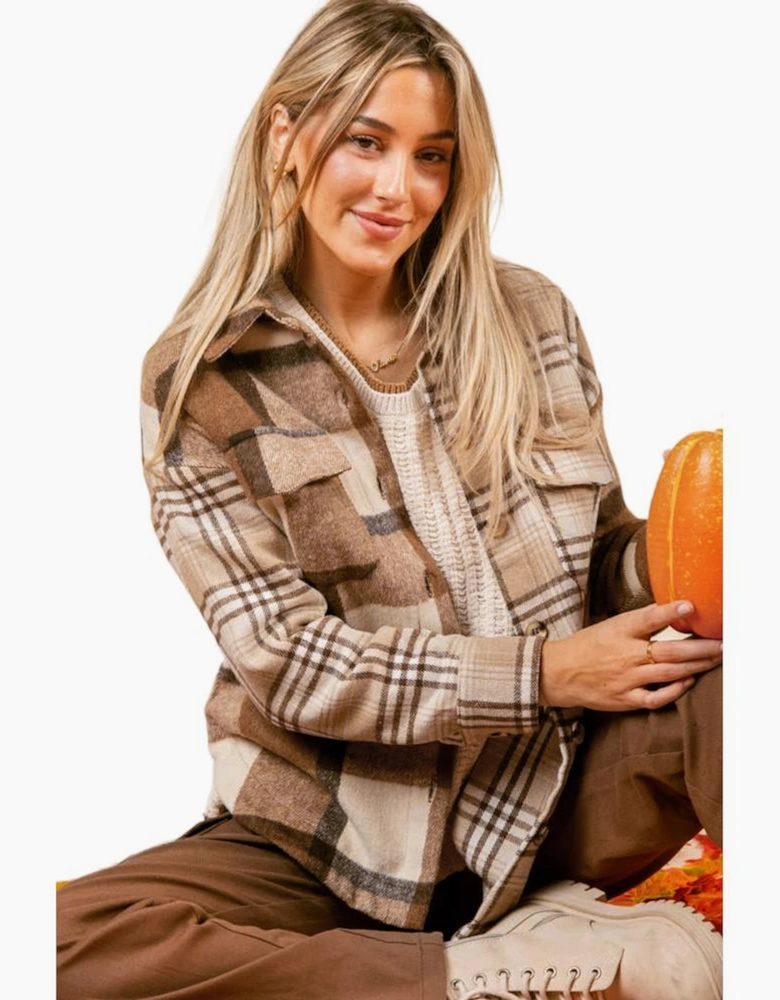 Light French Beige Flannel Plaid Double Flap Pocket Shacket