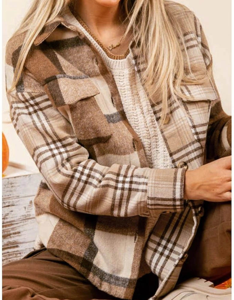 Light French Beige Flannel Plaid Double Flap Pocket Shacket