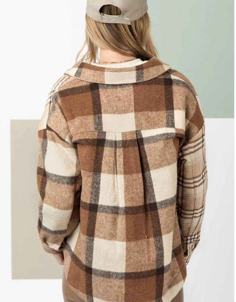 Light French Beige Flannel Plaid Double Flap Pocket Shacket