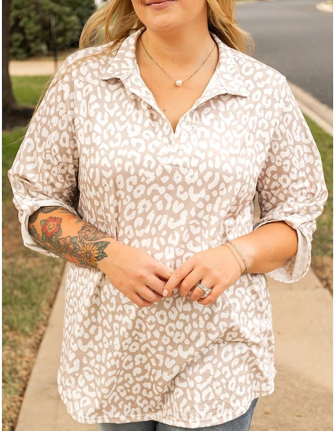 Apricot Leopard Tab Sleeve V Neck Plus Size Top