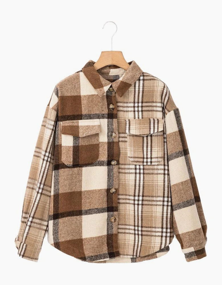 Light French Beige Flannel Plaid Double Flap Pocket Shacket