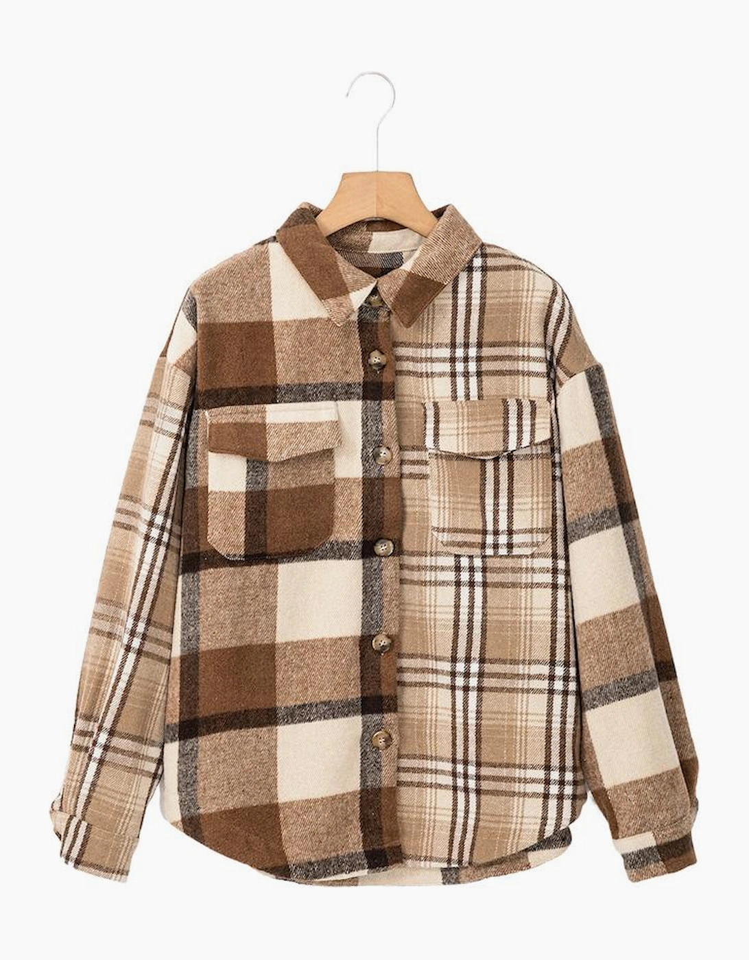 Light French Beige Flannel Plaid Double Flap Pocket Shacket