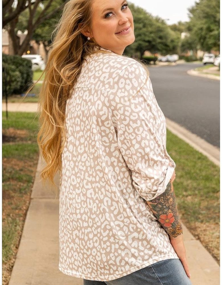 Apricot Leopard Tab Sleeve V Neck Plus Size Top