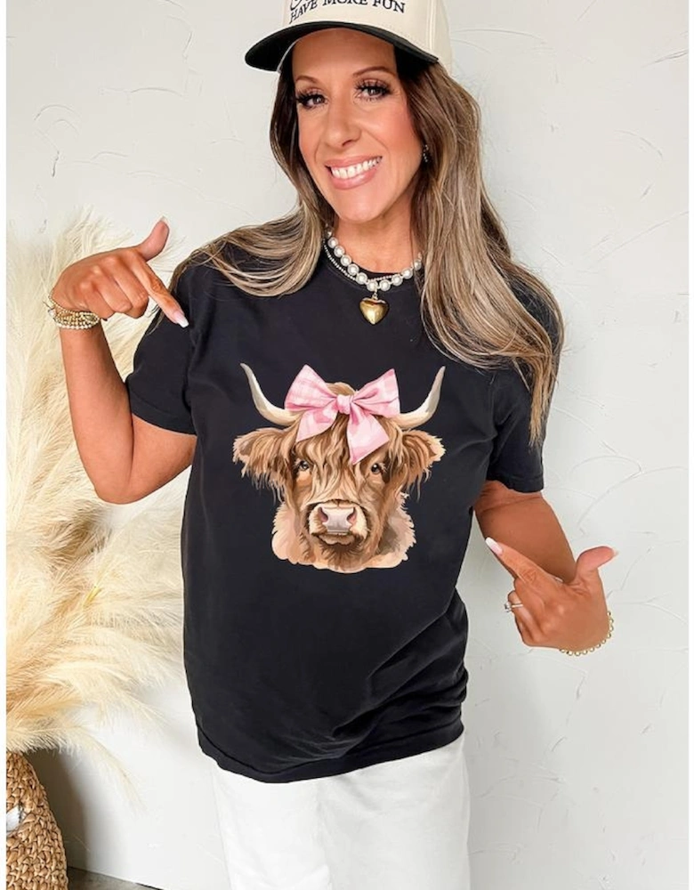 Black Bow Cow Head Graphic Western Fashion T Shirt