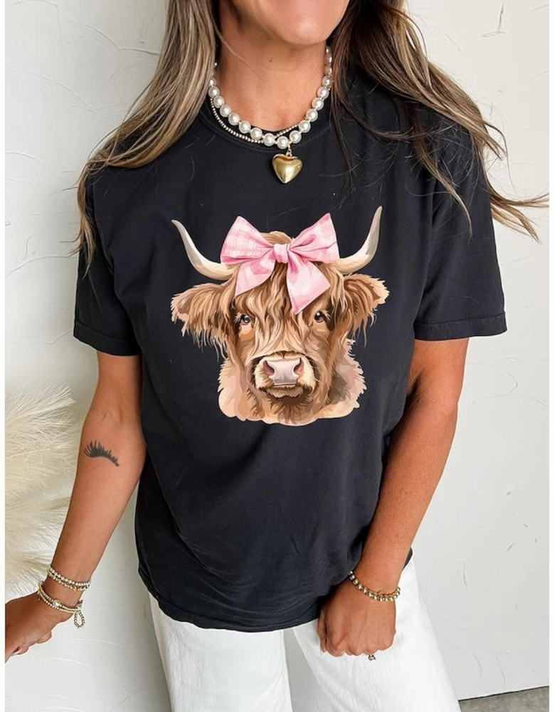 Black Bow Cow Head Graphic Western Fashion T Shirt