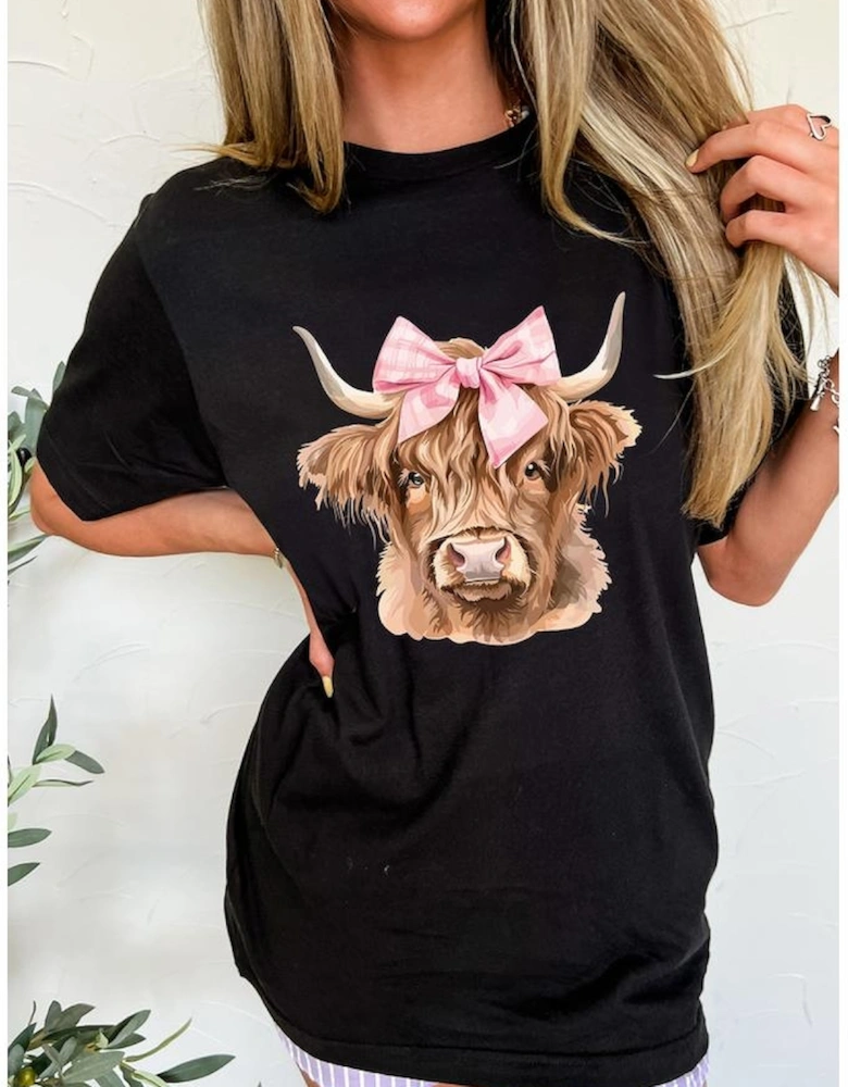 Black Bow Cow Head Graphic Western Fashion T Shirt