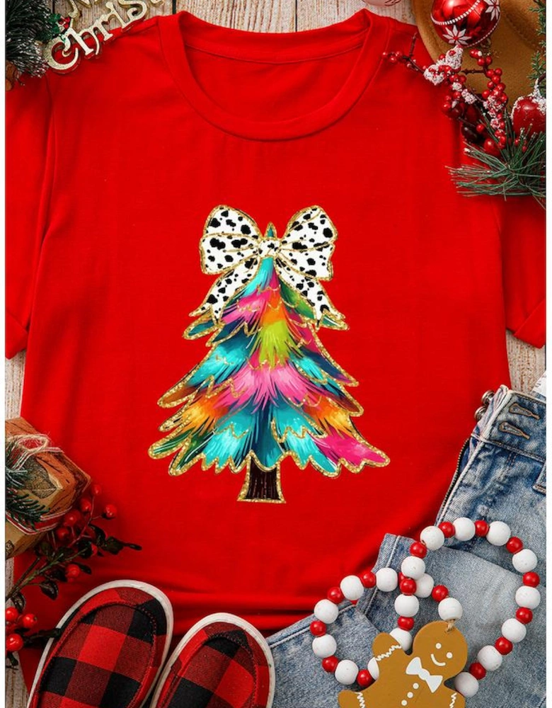 Red Bow Decor Christmas Tree Graphic Holiday T Shirt
