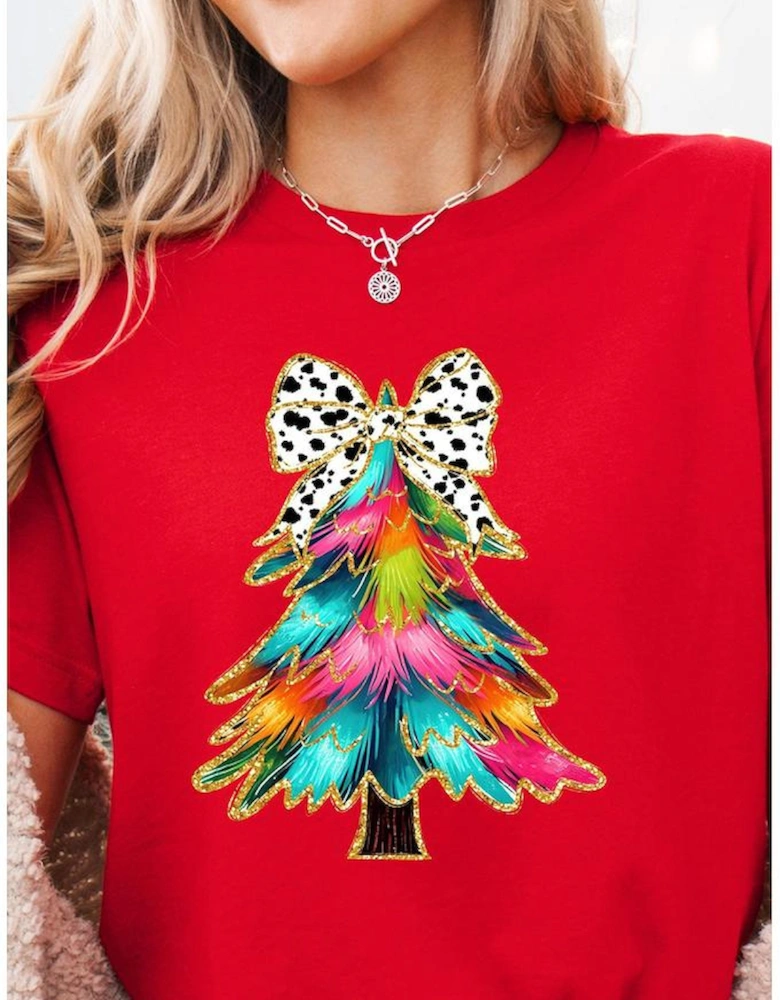 Red Bow Decor Christmas Tree Graphic Holiday T Shirt