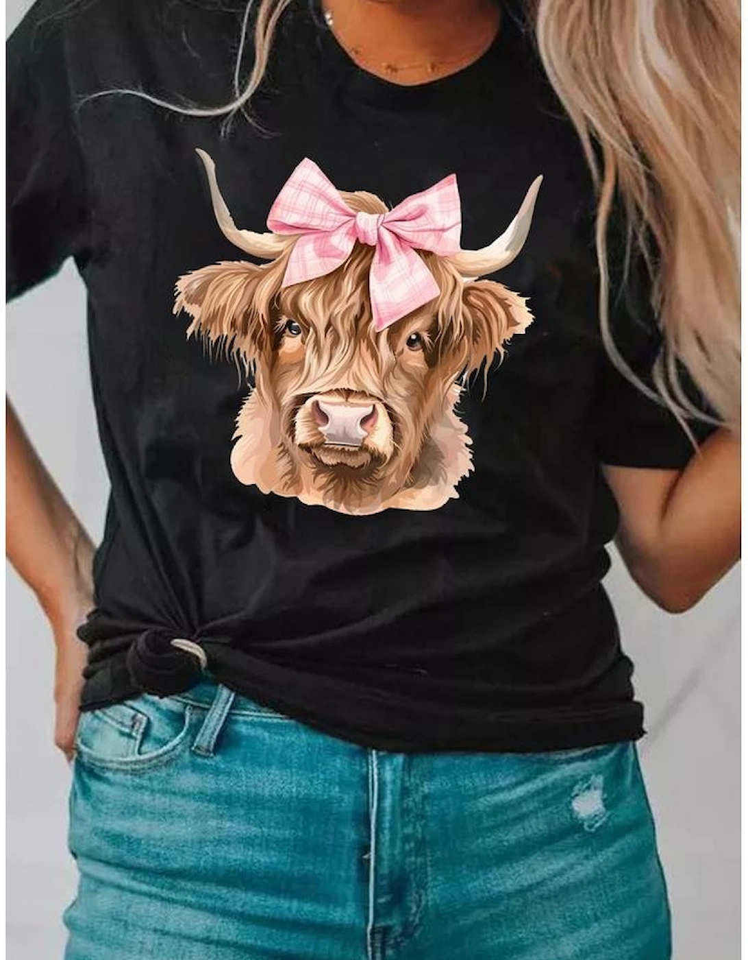 Black Bow Cow Head Graphic Western Fashion T Shirt