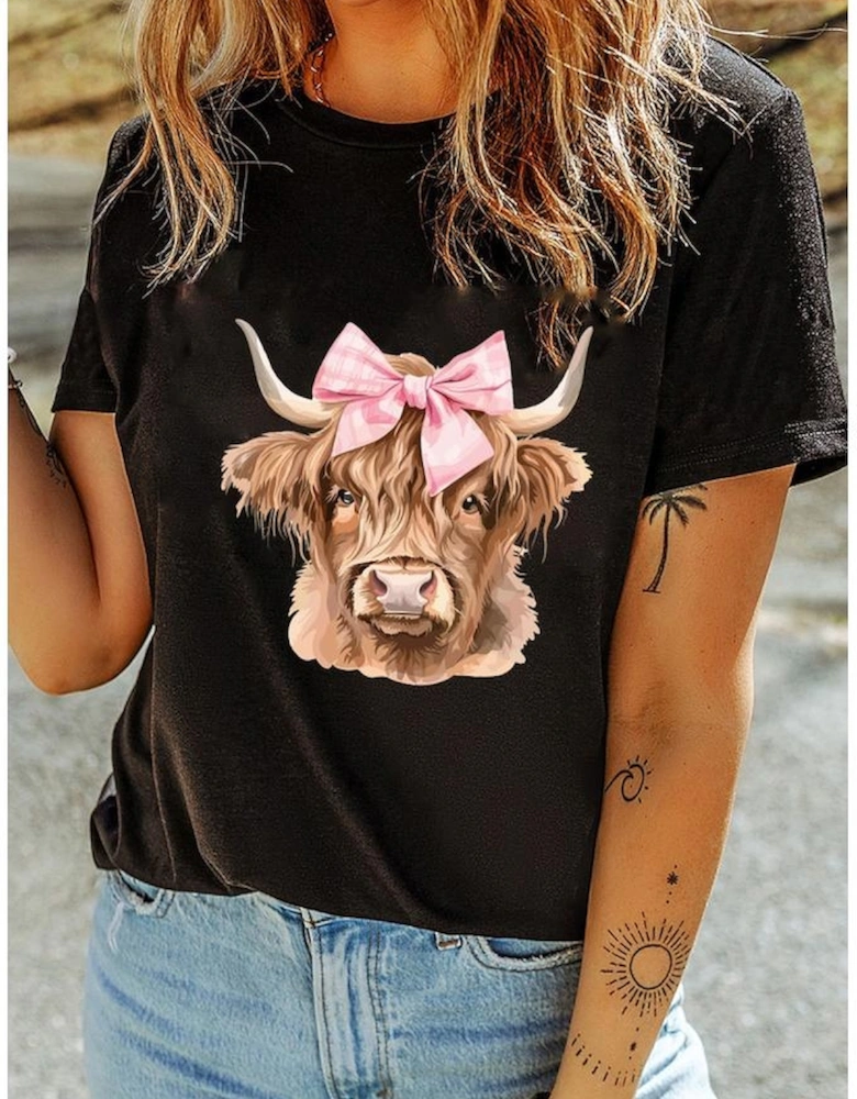Black Bow Cow Head Graphic Western Fashion T Shirt