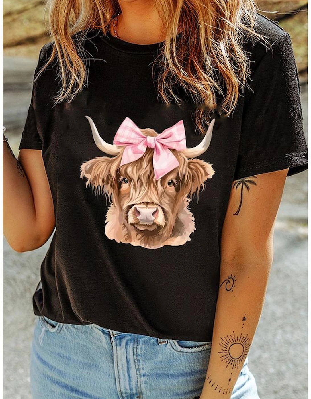 Black Bow Cow Head Graphic Western Fashion T Shirt