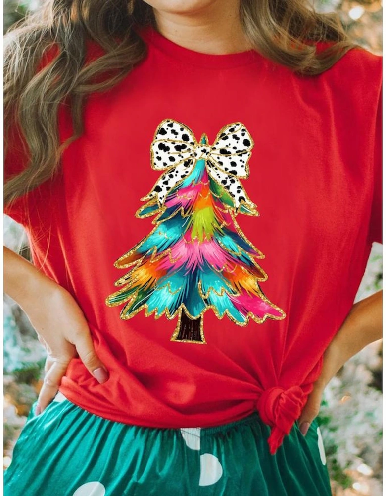 Red Bow Decor Christmas Tree Graphic Holiday T Shirt