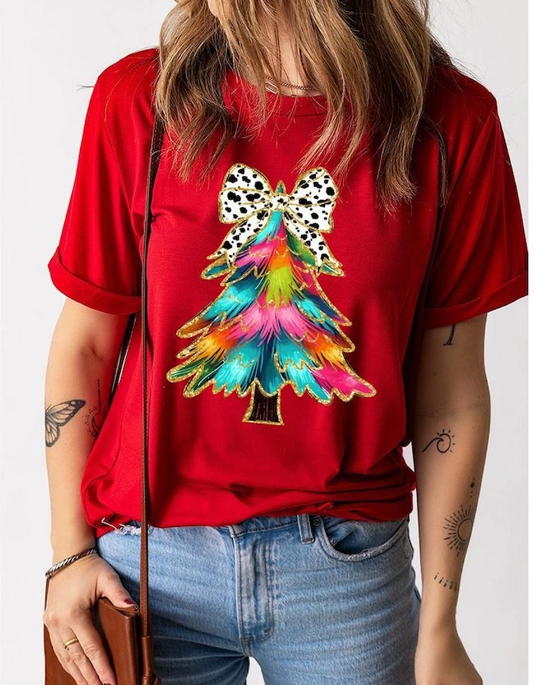 Red Bow Decor Christmas Tree Graphic Holiday T Shirt