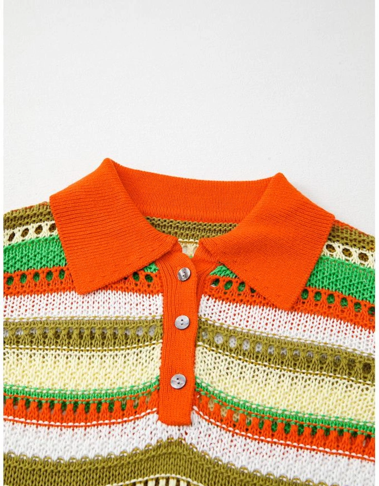 Yellow Stripe Eyelet Sleeveless Buttoned Split Neck Sweater Dress