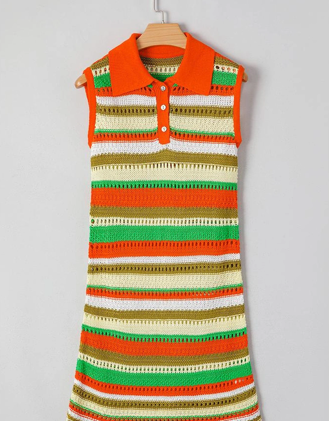 Yellow Stripe Eyelet Sleeveless Buttoned Split Neck Sweater Dress