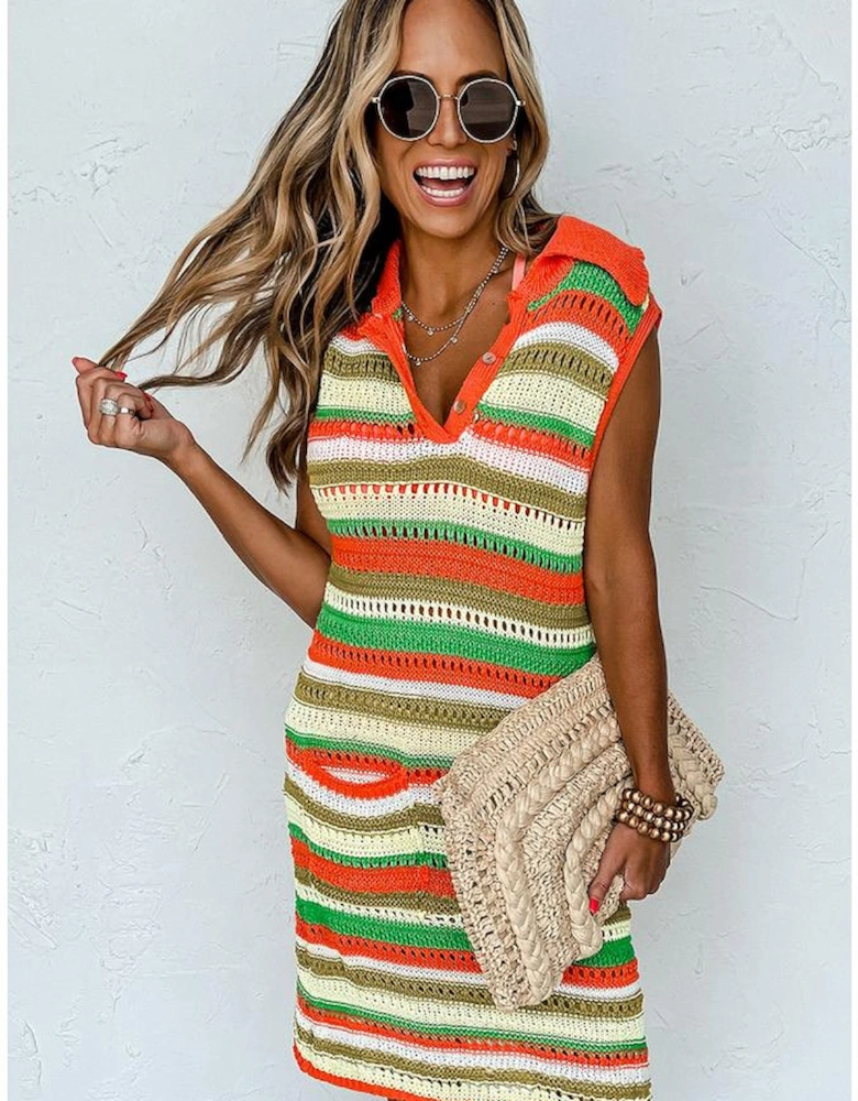 Yellow Stripe Eyelet Sleeveless Buttoned Split Neck Sweater Dress