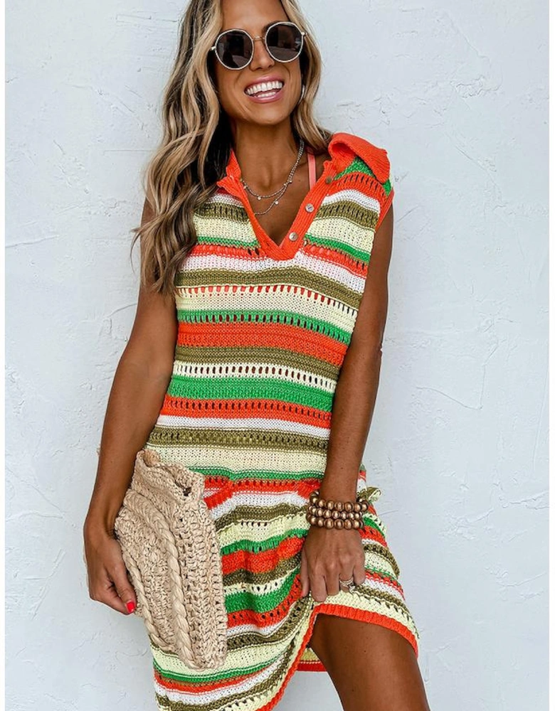 Yellow Stripe Eyelet Sleeveless Buttoned Split Neck Sweater Dress