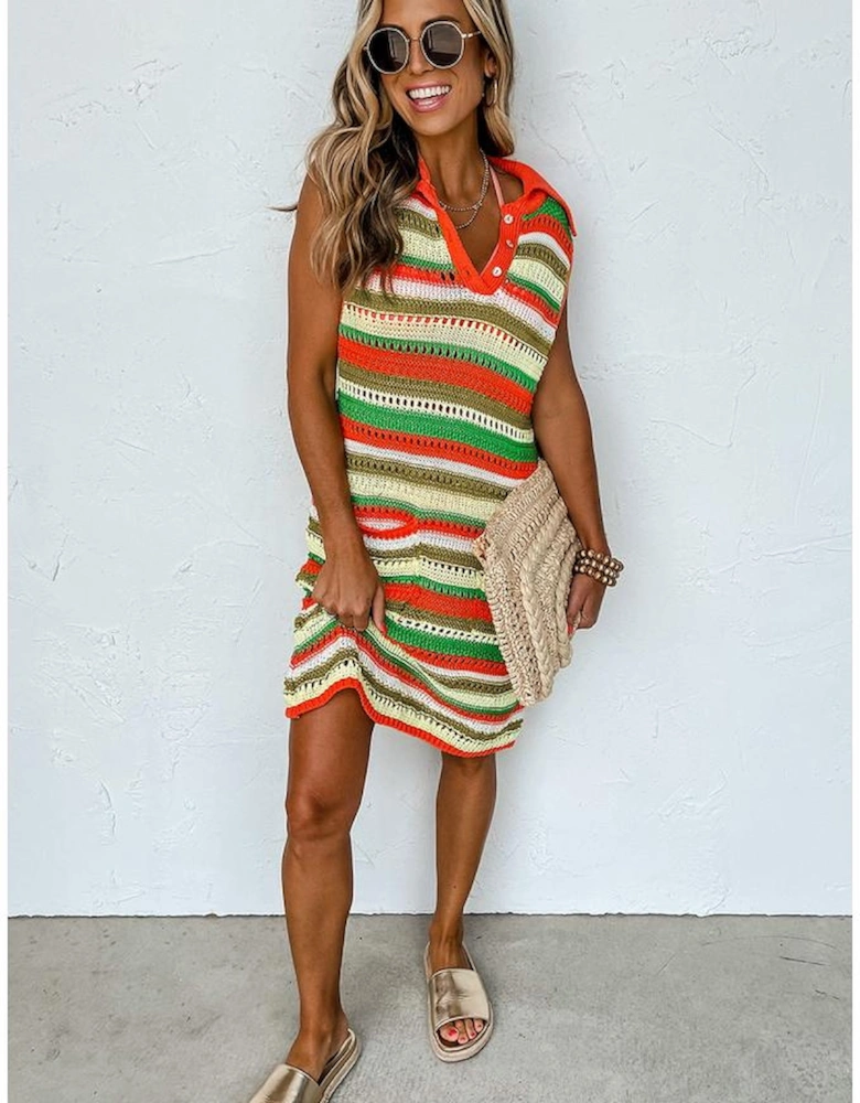 Yellow Stripe Eyelet Sleeveless Buttoned Split Neck Sweater Dress