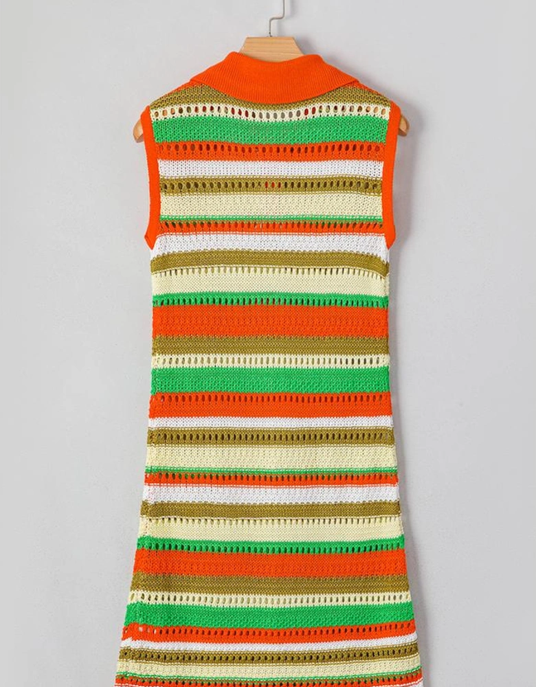 Yellow Stripe Eyelet Sleeveless Buttoned Split Neck Sweater Dress