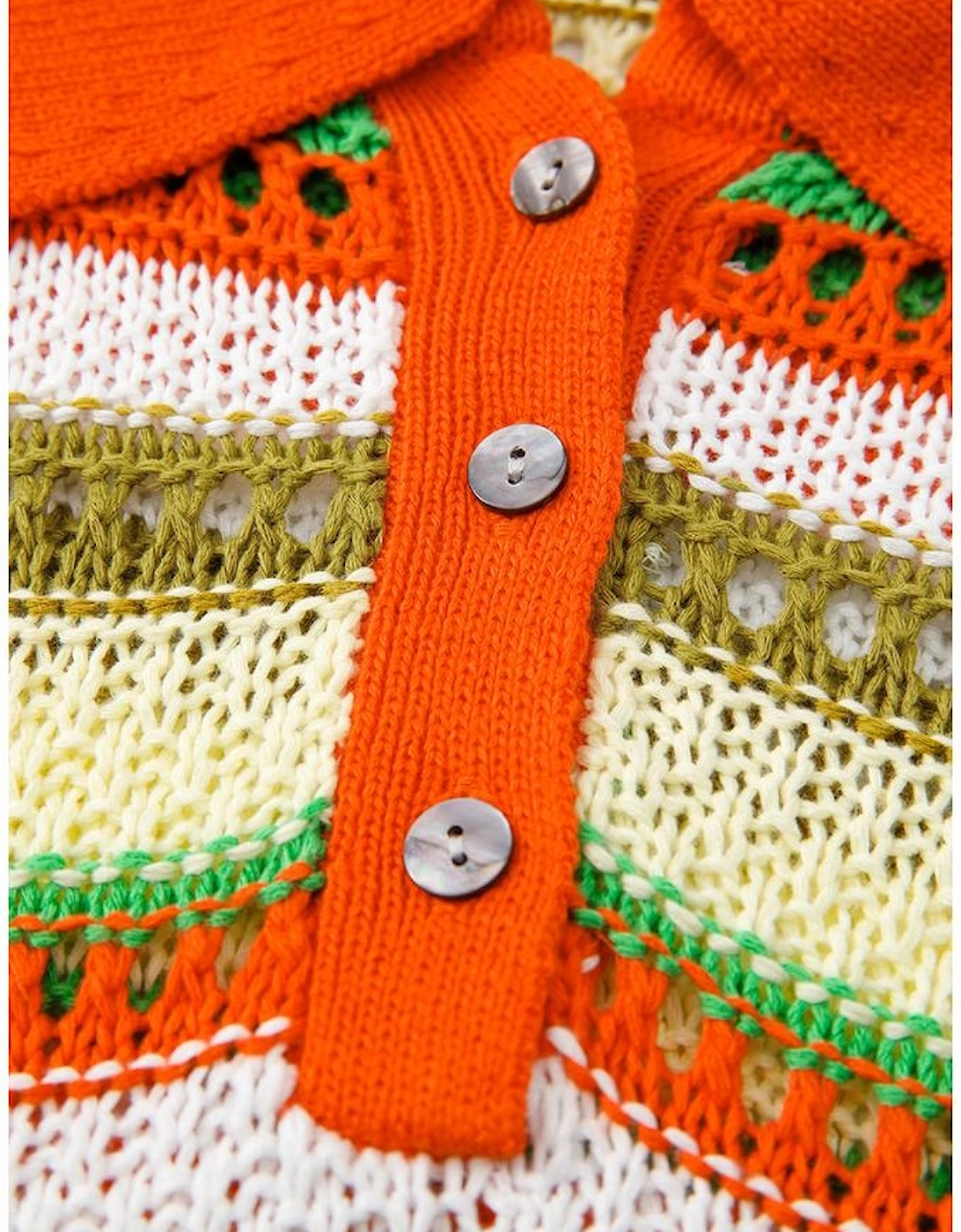 Yellow Stripe Eyelet Sleeveless Buttoned Split Neck Sweater Dress