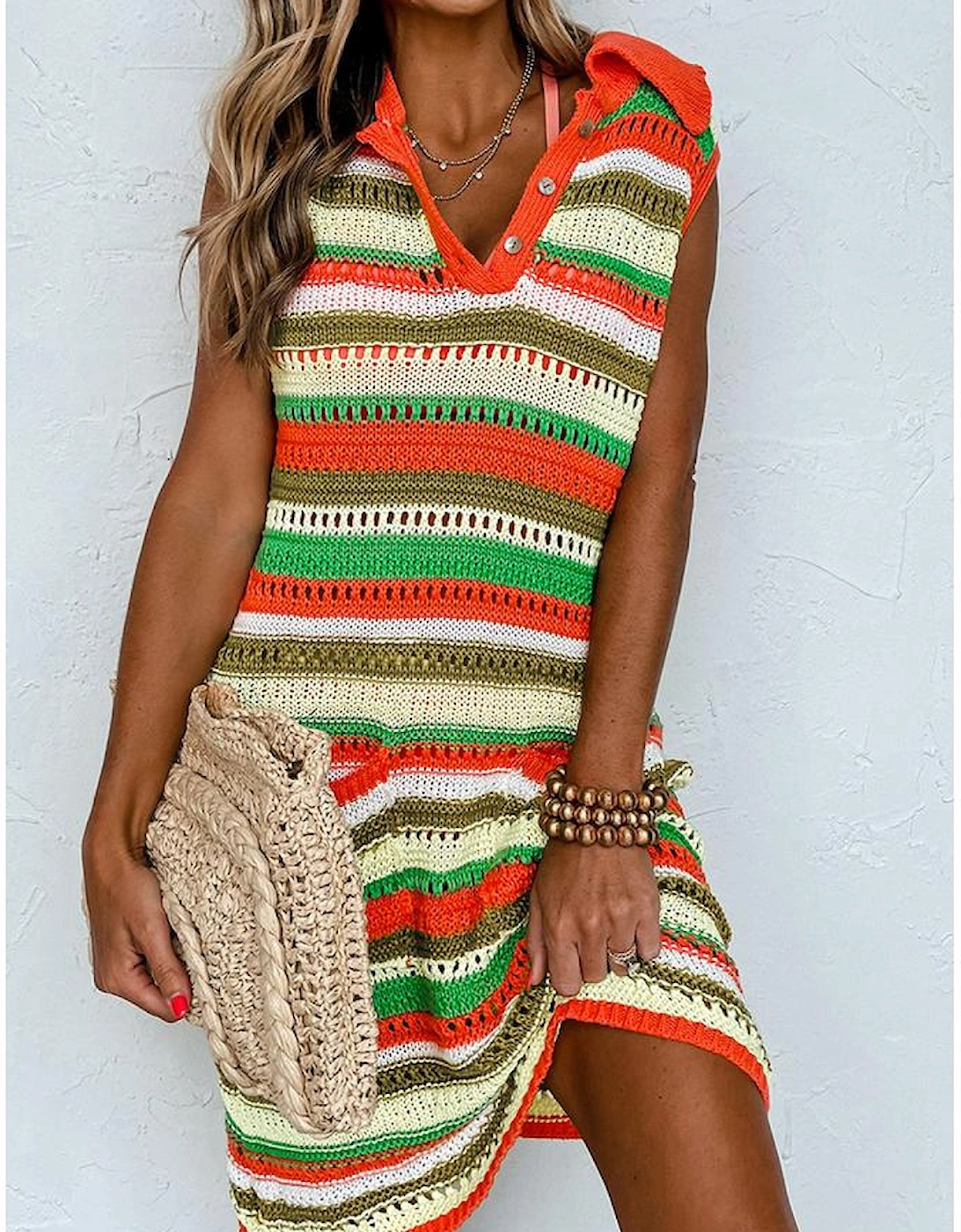 Yellow Stripe Eyelet Sleeveless Buttoned Split Neck Sweater Dress