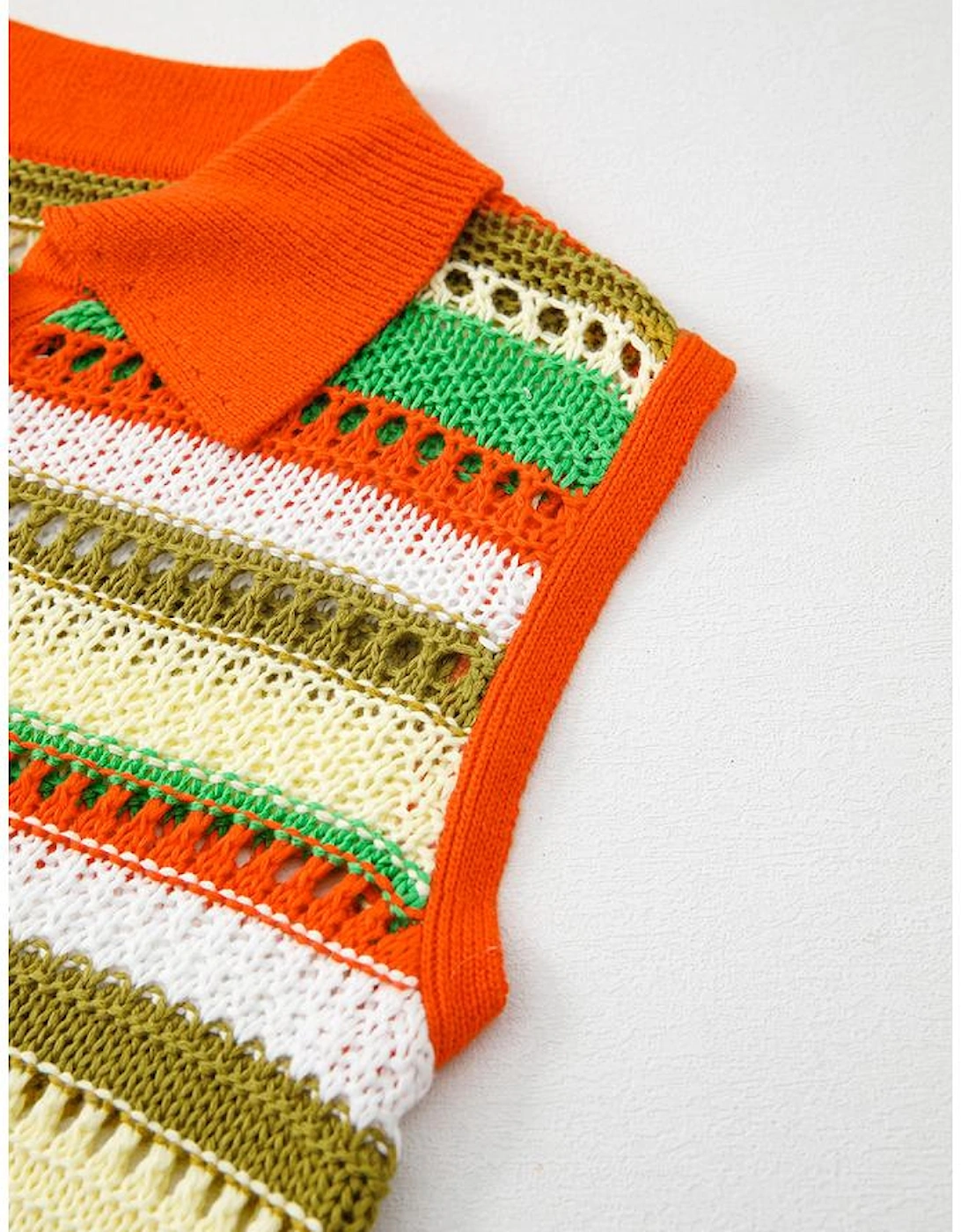 Yellow Stripe Eyelet Sleeveless Buttoned Split Neck Sweater Dress