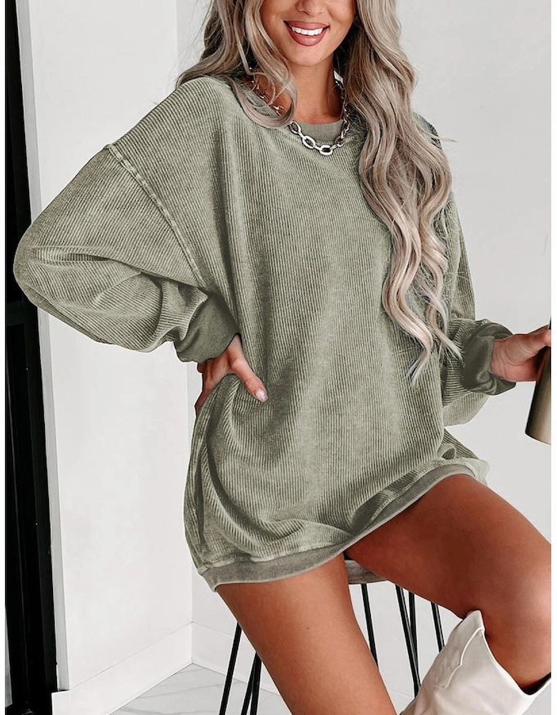 Green Solid Ribbed Knit Round Neck Pullover Sweatshirt, 5 of 4
