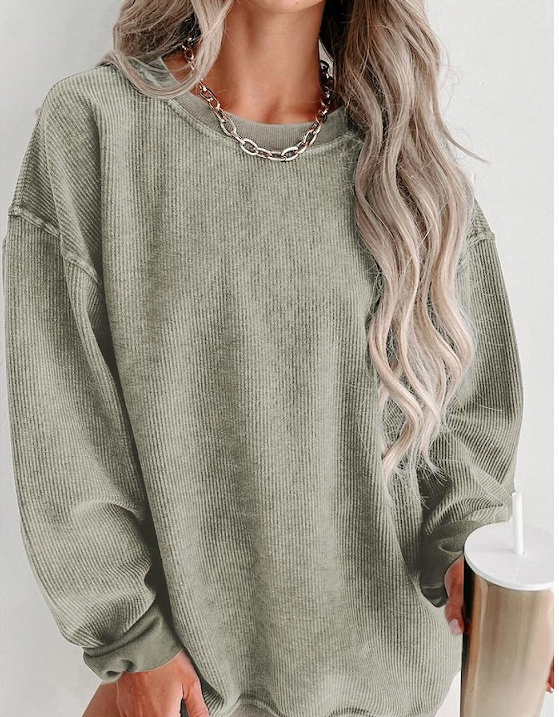 Green Solid Ribbed Knit Round Neck Pullover Sweatshirt