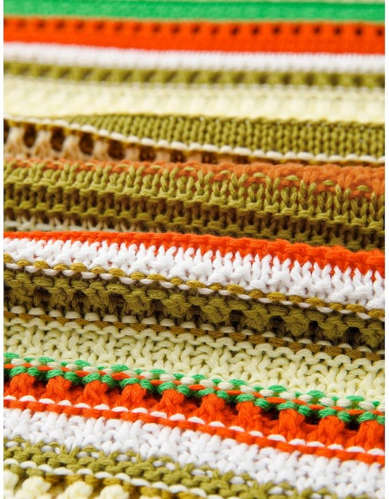 Yellow Stripe Eyelet Sleeveless Buttoned Split Neck Sweater Dress