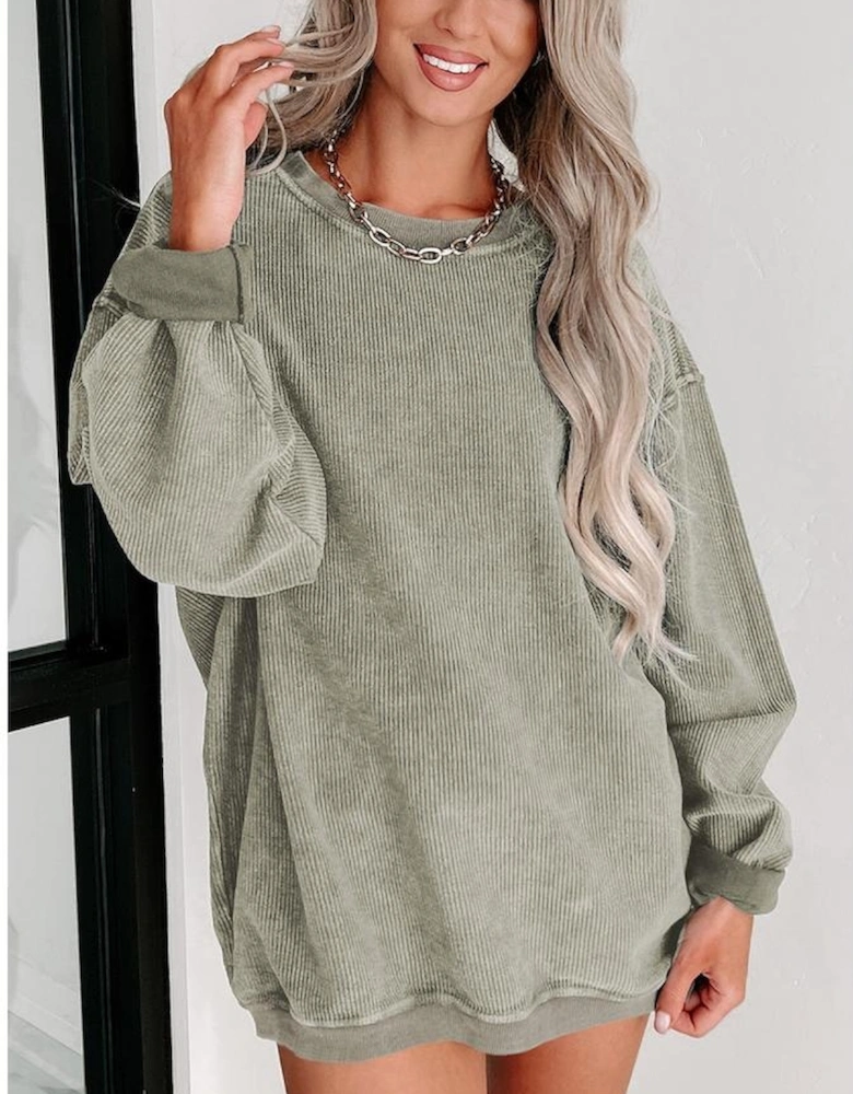 Green Solid Ribbed Knit Round Neck Pullover Sweatshirt