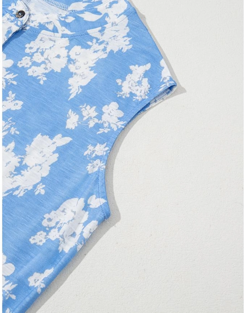 Myosotis Floral Print Half Button Wide Leg Relaxed Sleeveless Jumpsuit