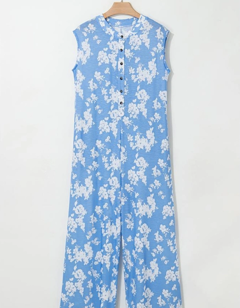 Myosotis Floral Print Half Button Wide Leg Relaxed Sleeveless Jumpsuit