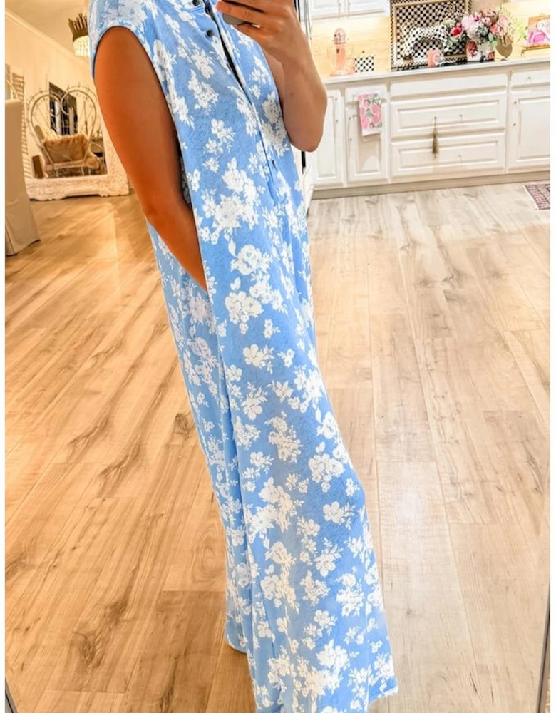 Myosotis Floral Print Half Button Wide Leg Relaxed Sleeveless Jumpsuit