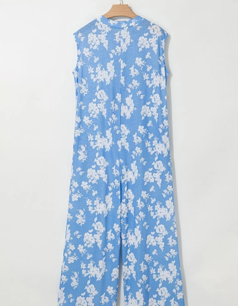 Myosotis Floral Print Half Button Wide Leg Relaxed Sleeveless Jumpsuit