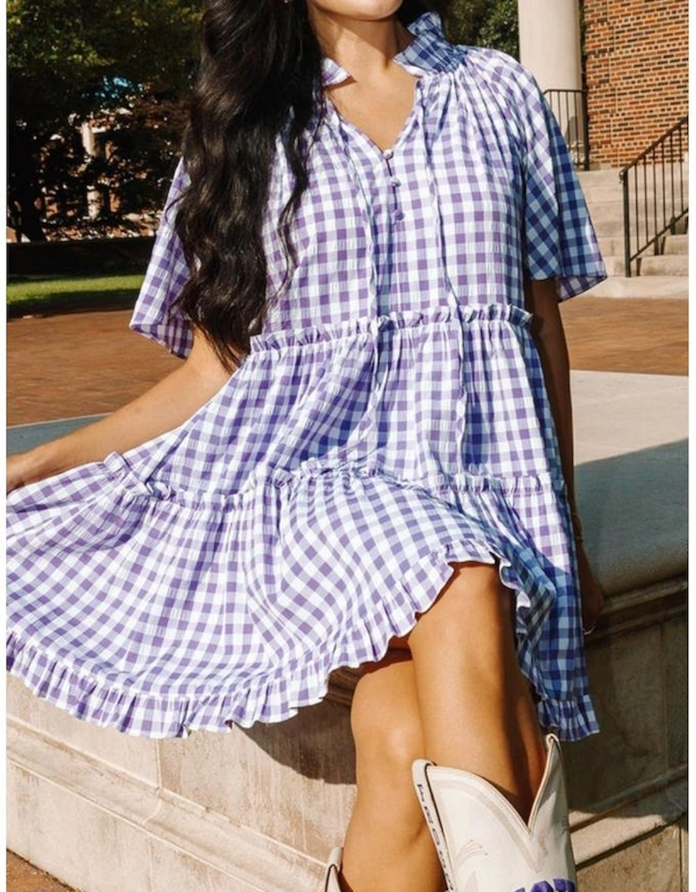 Lavendula Plaid Ruffle Wide Short Sleeve Babydoll Mini Dress