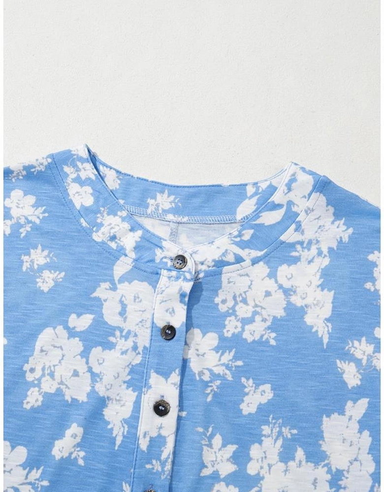 Myosotis Floral Print Half Button Wide Leg Relaxed Sleeveless Jumpsuit