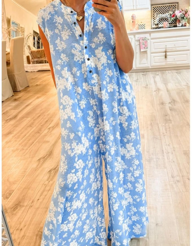 Myosotis Floral Print Half Button Wide Leg Relaxed Sleeveless Jumpsuit